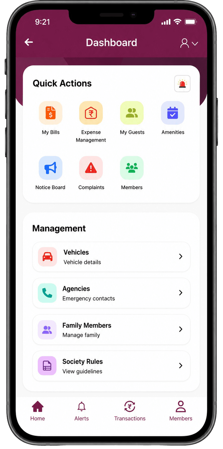 E Building Resident App Dashboard — Gated Community Management App for Android and iOS